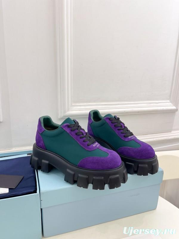 2025 Unisex Prada Purple Green Suede Silk Sneakers KFY00310(F)/KFY00330(M)