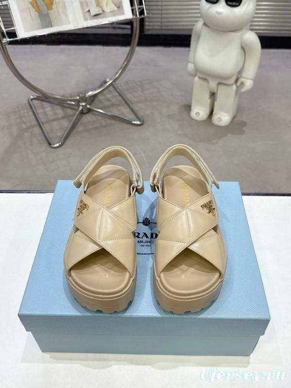2025 Women Prada Beige Calfskin Sandals KFY00280