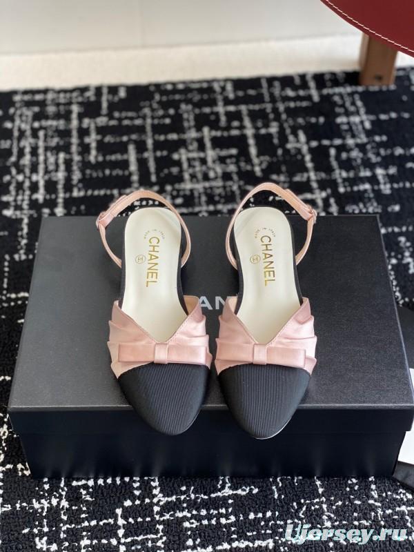2025 Women Chanel Pink Black Silk Leather Sandals Satin Bow KFY00289