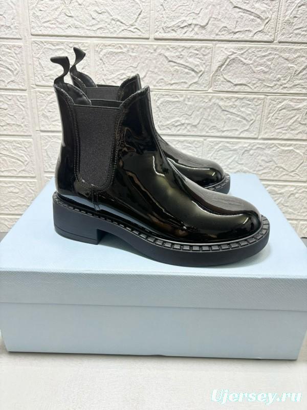 2024 Unisex Prada Black Patent Calf Leather Cowhide Leather Ankle Boots MJ00380