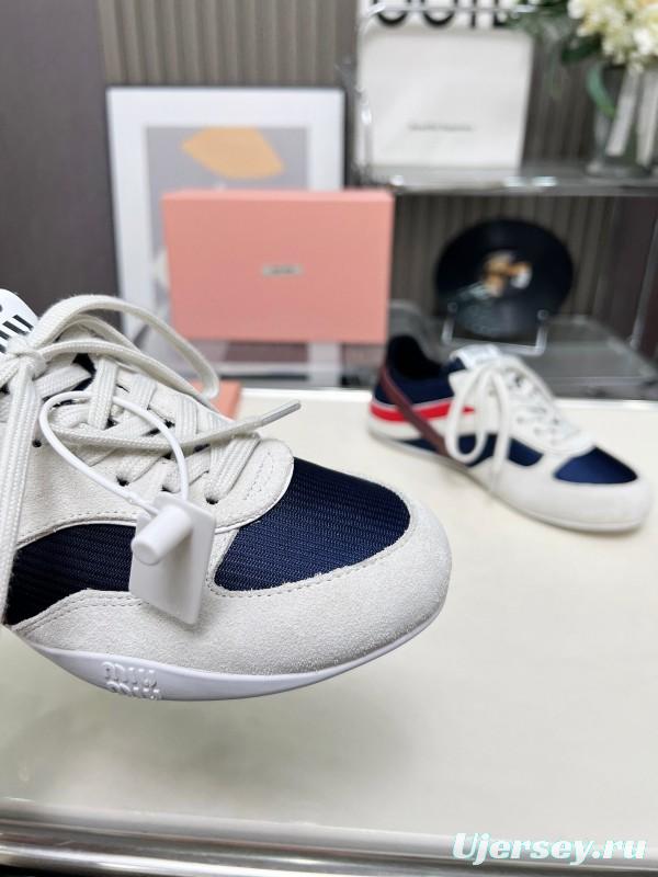 2025 Women Miu Miu Navy White Red Suede Fabric Sneakers LY00