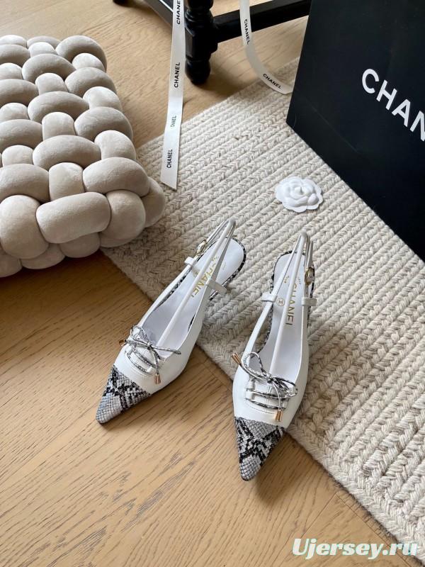 2025 Women Chanel White Black Python Leather Slingback Heels