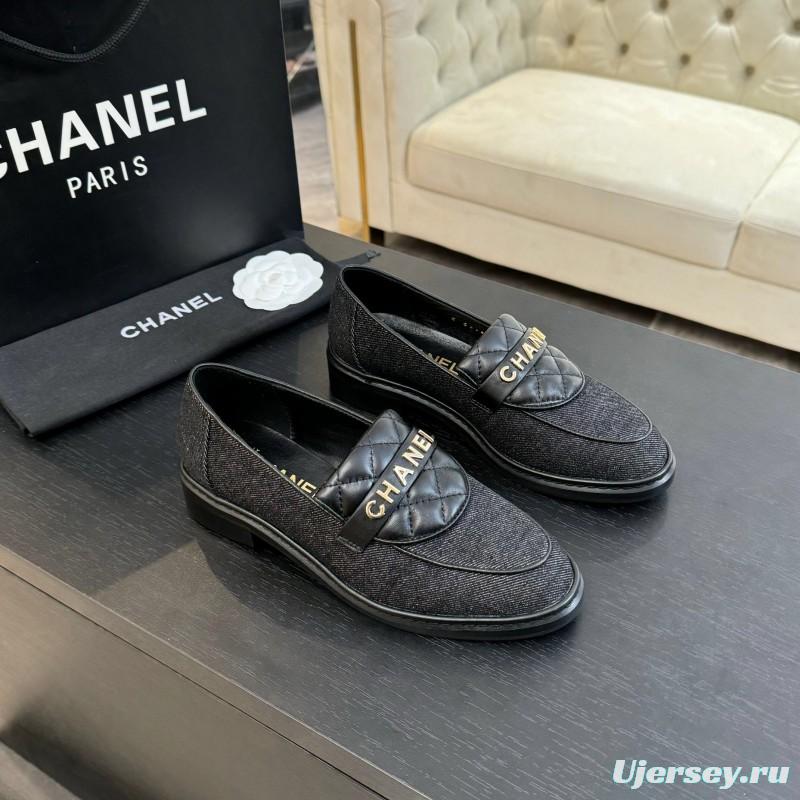 2025 Women Chanel Black Leather Canvas Loafers KFY00310