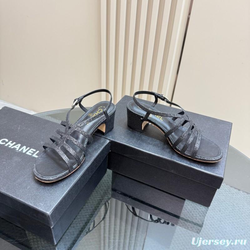 2025 Women Chanel Black Leather Sandals KFY00290