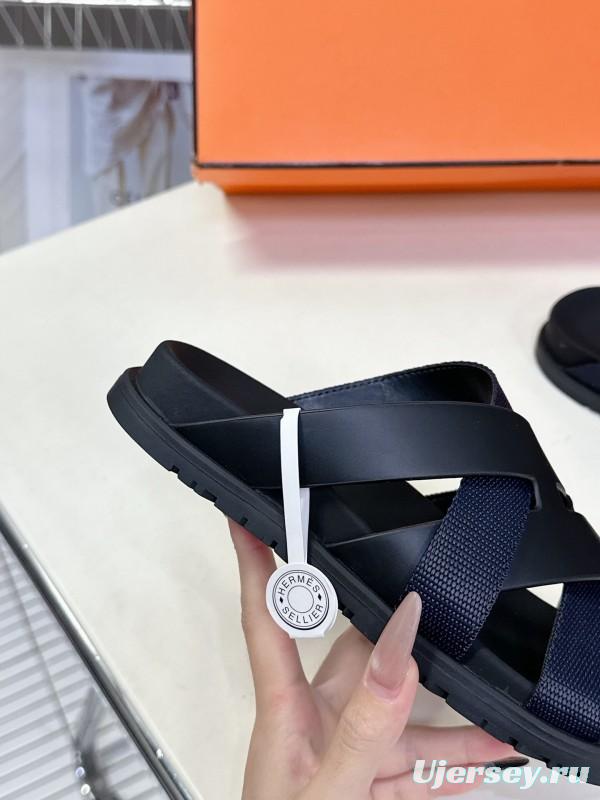 2025 Unisex Hermès Black Leather Fabric Slippers