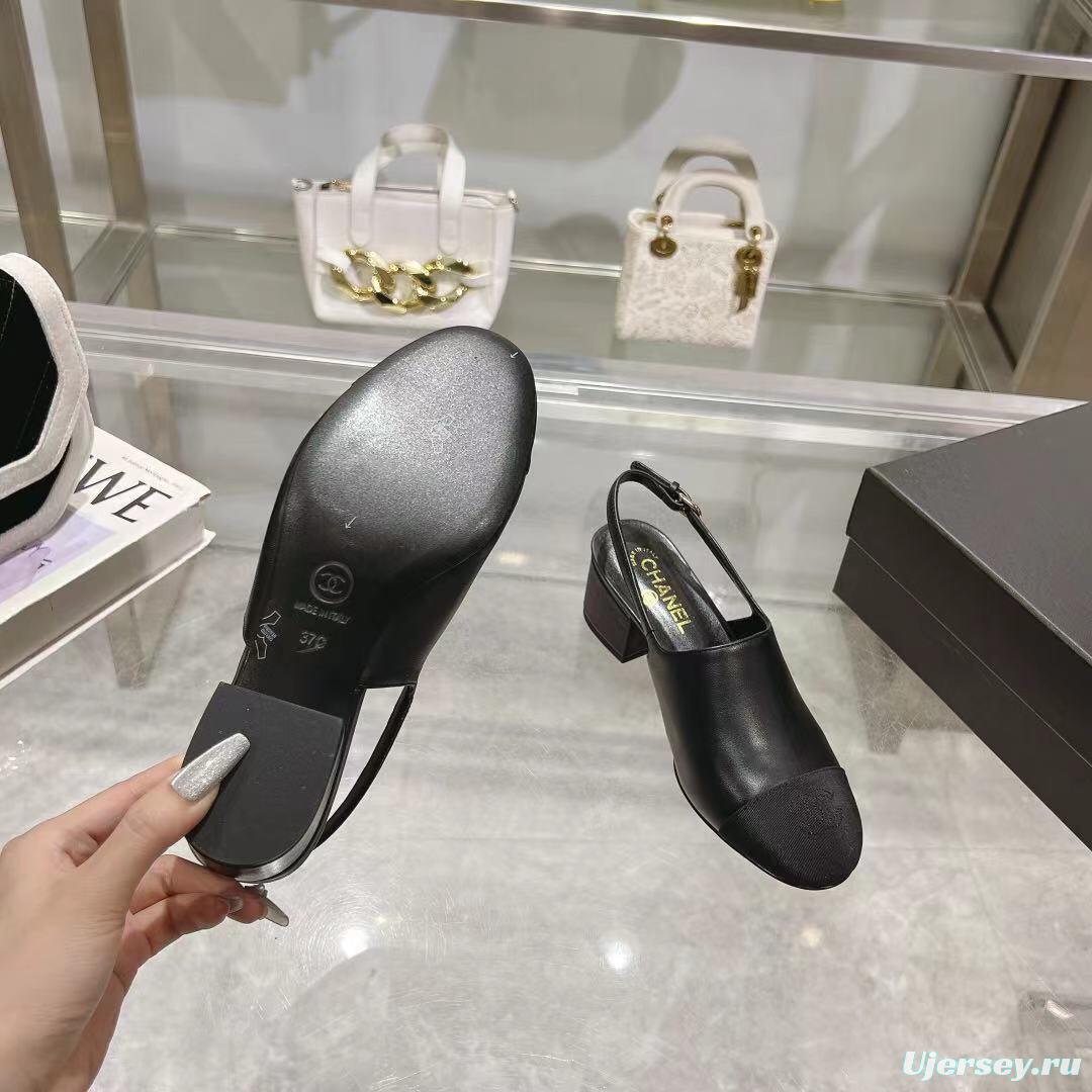 2025 Women Chanel Black Leather Slingback Heels LY00300
