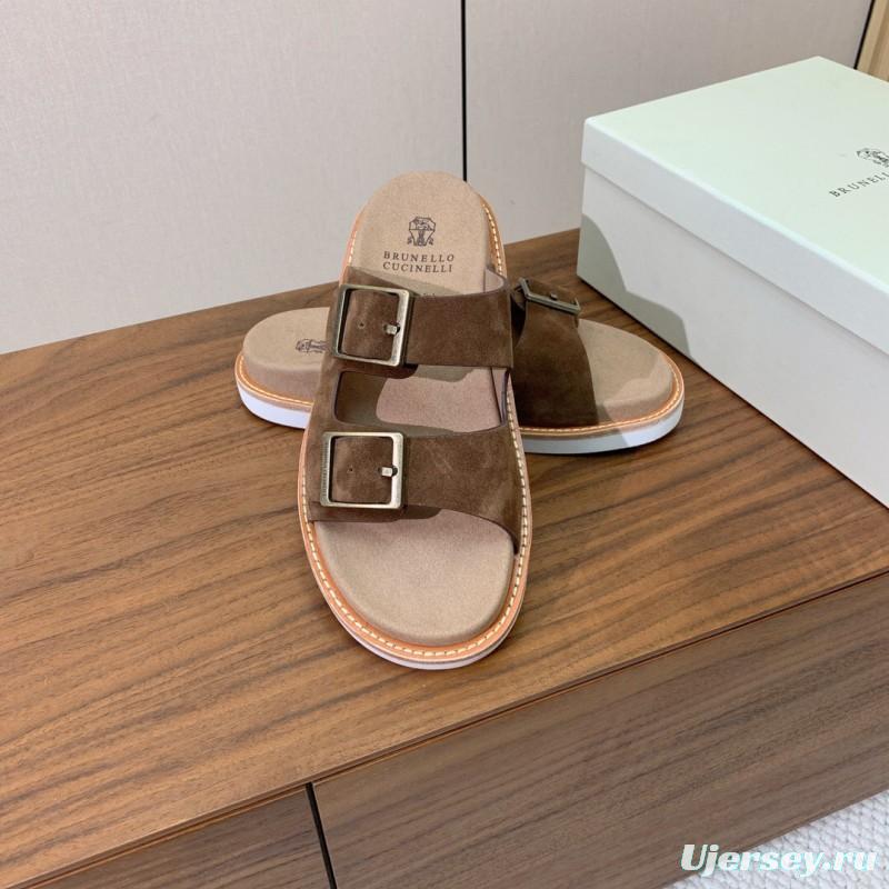 2025 Unisex Brunello Cucinelli Brown Suede Leather Slippers KFY00250