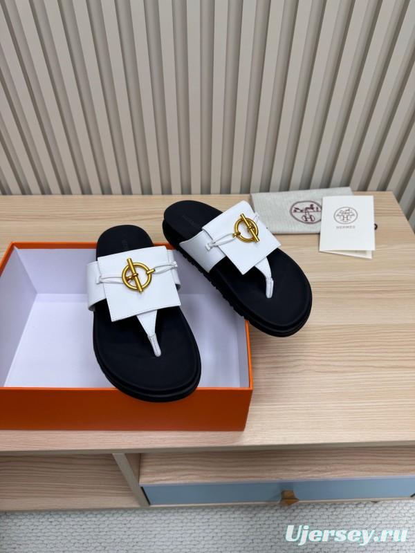 2025 Slippers Hermès White Black Leather Slippers