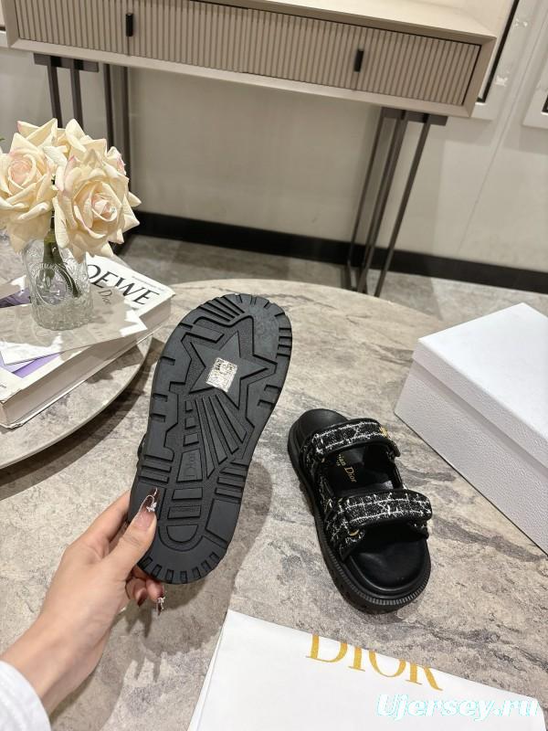 2025 Women Dior Black White Fabric Leather Sandals KFY00300