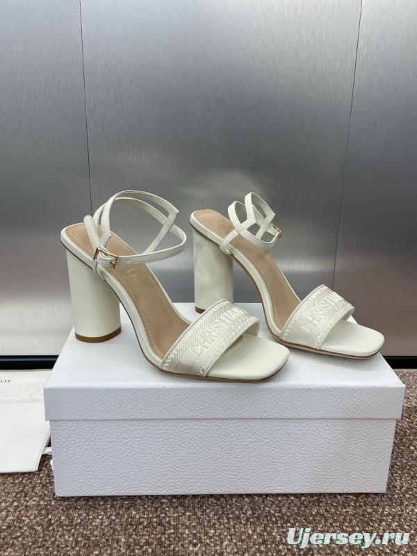 2025 Women Dior White Leather High Heel Embroidered Sandals