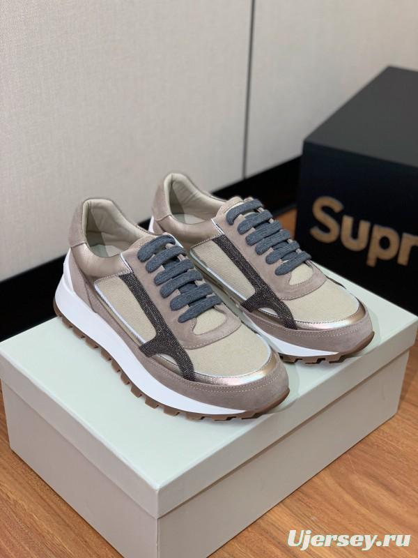 2025 Unisex Brunello Cucinelli Beige Grey Suede Mesh Sneakers LY