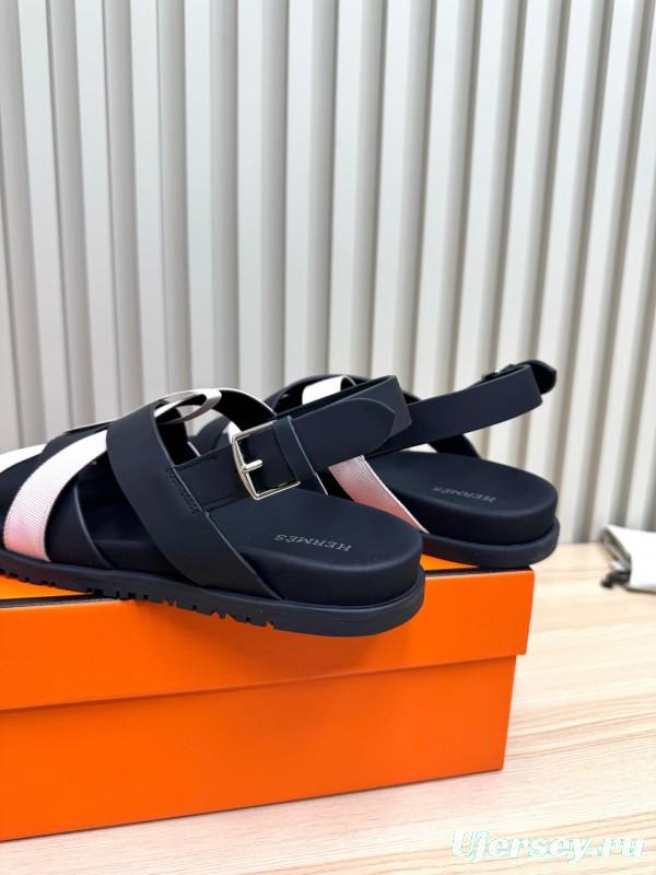 2025 Women Hermès Black Pink Leather Sandals LY00270