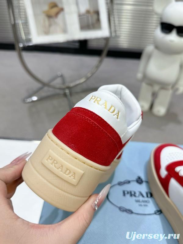 2025 Women Prada Red White Leather Sneakers KFY00310