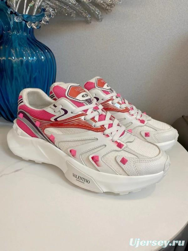 2024 Unisex Valentino White Pink Mesh Leather Sneakers MJ00410