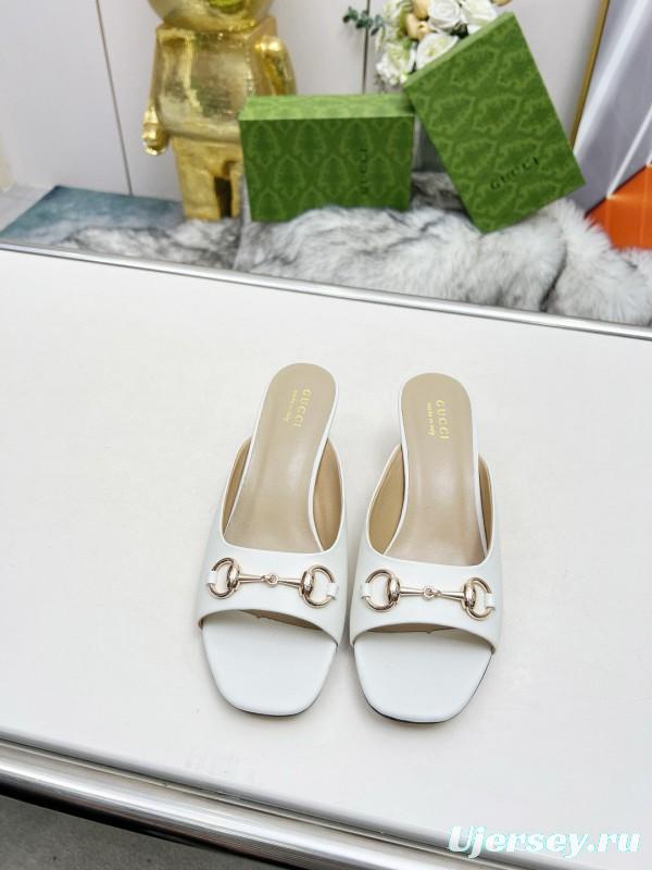2025 Women Gucci White Leather Heeled Slippers MJ00180