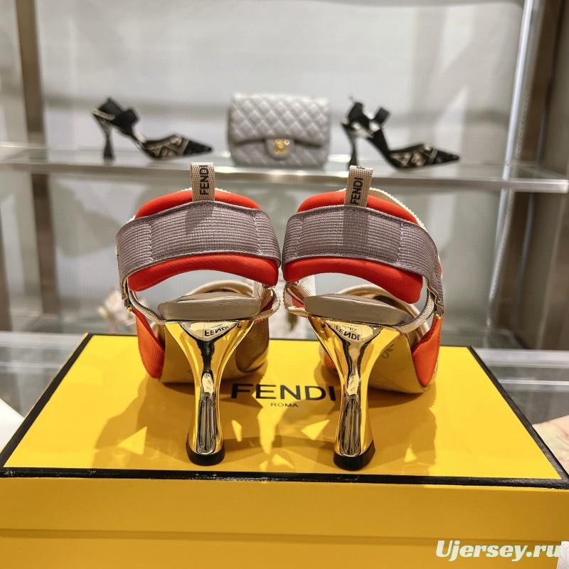 2025 Women Fendi Beige Orange Leather Fabric High Heels MJ00280