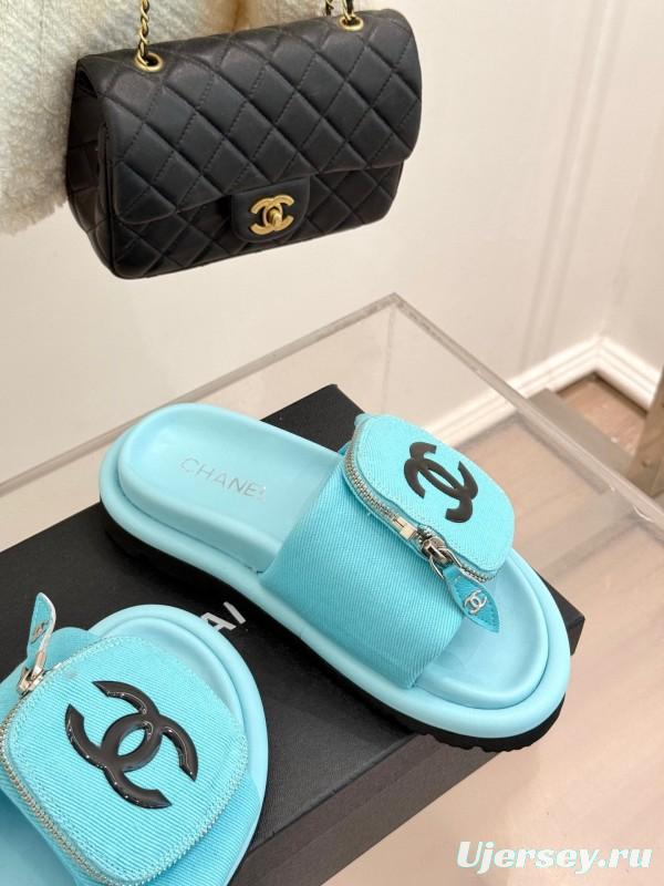 2025 Slippers Chanel Blue Fabric Slippers KFY00220
