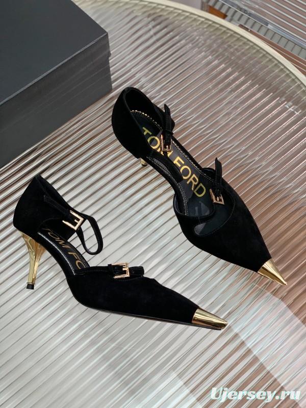 2025 Women TOM FORD Black Gold Suede Leather Pointed Pumps KFY00320