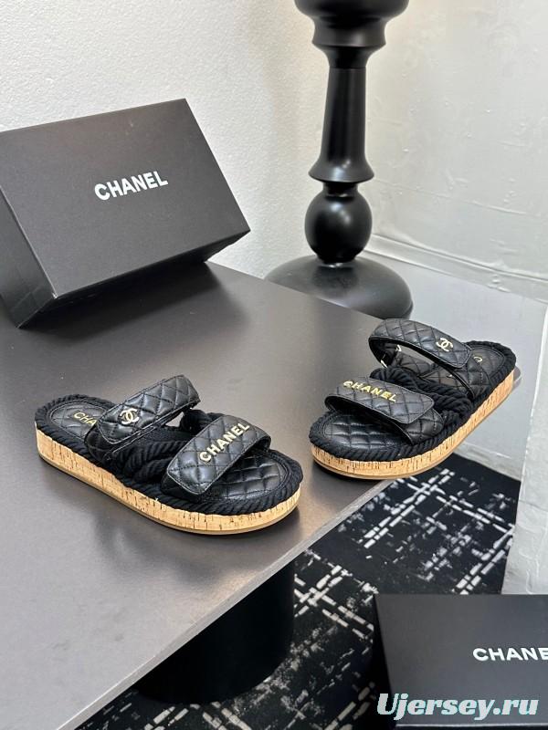 2025 Slippers Chanel Black Leather Cork Sole Sandal LY00250