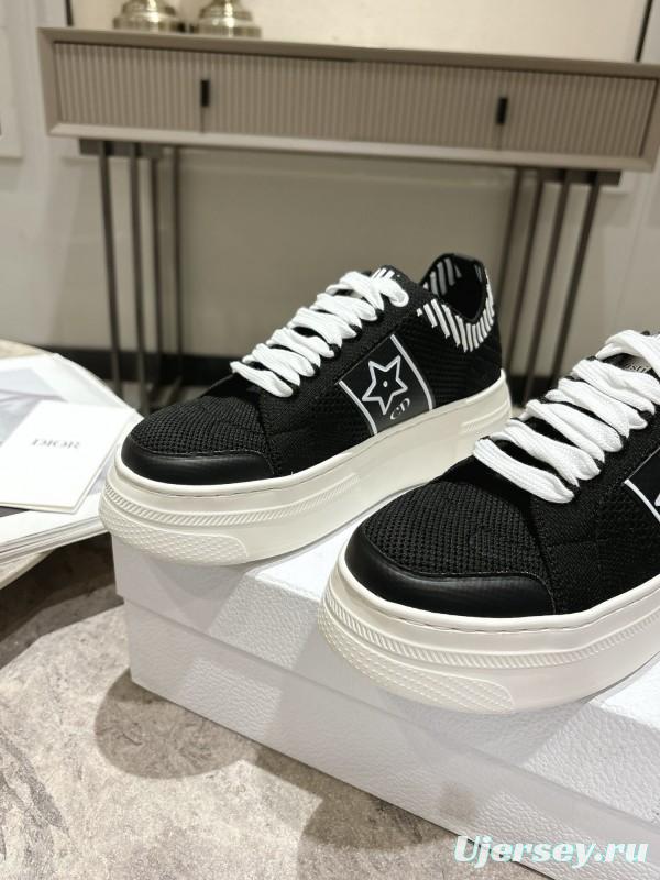 2025 Women Dior Black White Knit Leather Platform Sneakers KFY00330