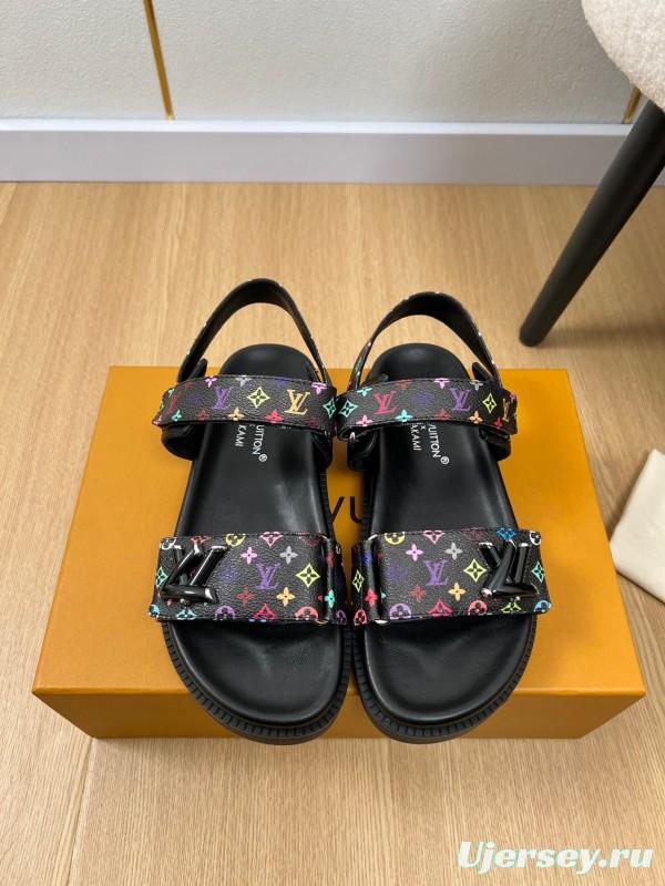 2025 Women Louis Vuitton Black Multicolor Canvas Sandals