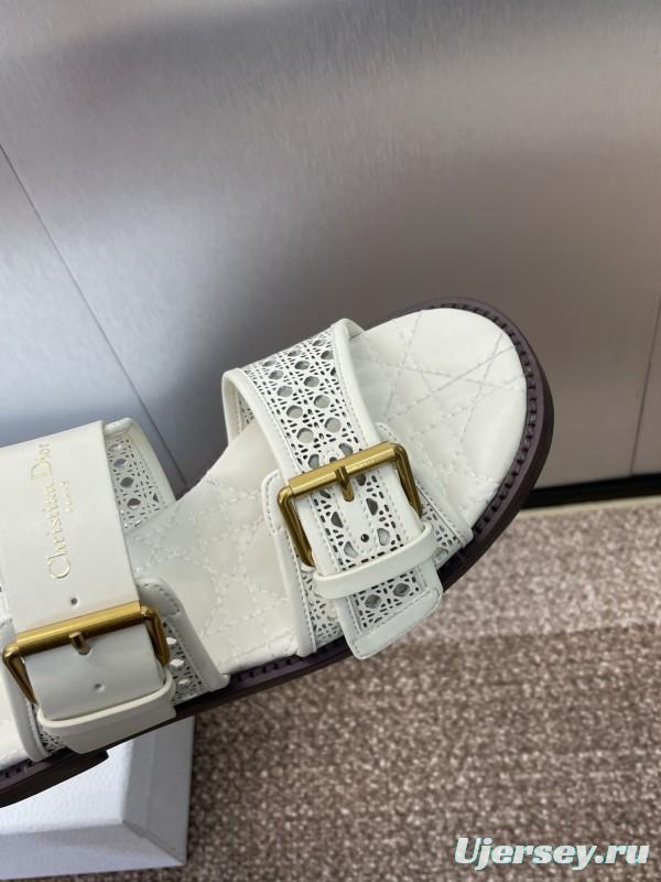 2025 Women Dior White Calfskin Leather Slippers CD Logo Buckle KFY00300