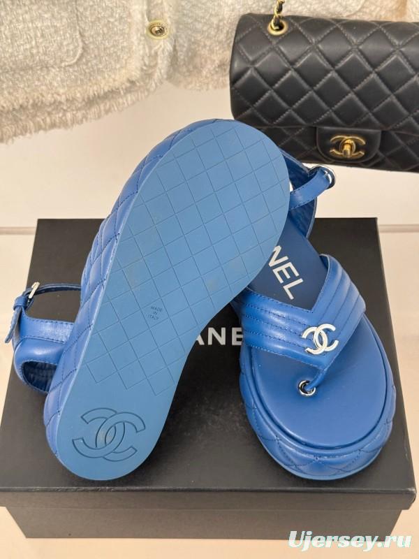 2025 Women Chanel Blue Leather Platform Sandals