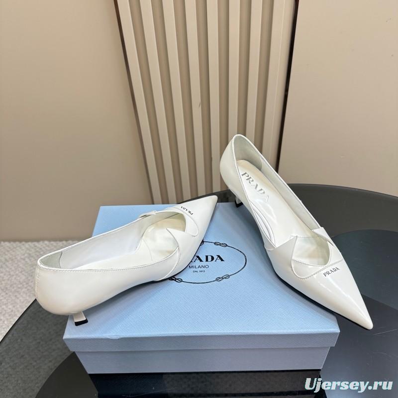 2025 Women Prada White Leather Pointed Toe Kitten Heel Pumps KFY00310