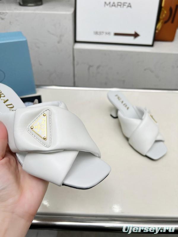 2025 Women Prada White Calf Leather Heeled Slide LY00270