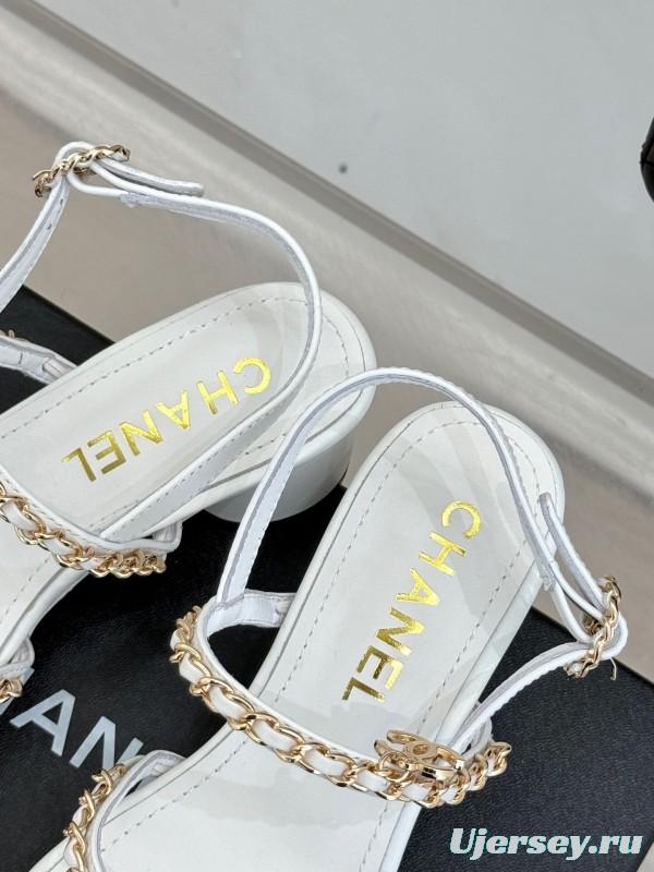 2025 Women Chanel White Leather Chain Strap Sandals