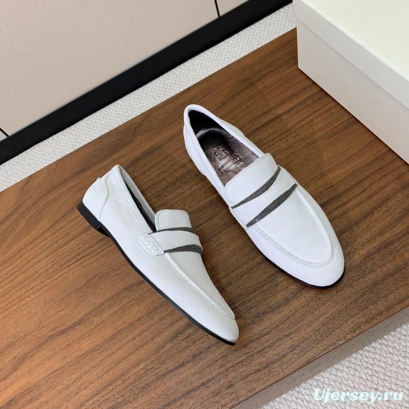 2025 Women Brunello Cucinelli White Suede Loafers Handcrafted Bead Chain Detail LY00360 (F)