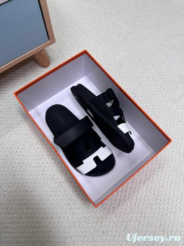 2025 Slippers Hermès Black White Leather Slippers