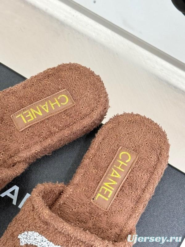 2025 CHANEL Brown Terrycloth Slippers CC Logo KFY00220