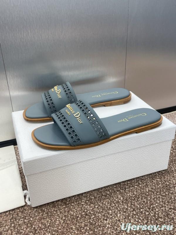 2025 Women Dior Blue Leather Slippers KFY00300