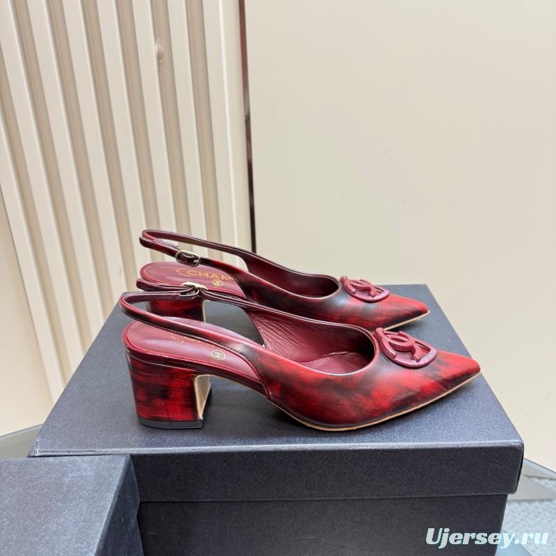 2025 Women Chanel Burgundy Leather Slingback Heels KFY00290