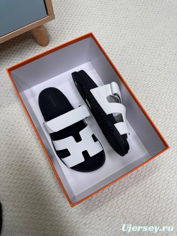 2025 Women Hermès White Black Leather Slippers