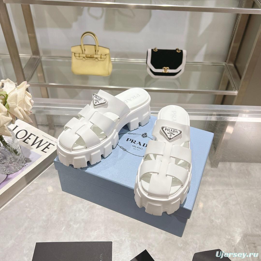 2025 Women Prada White Leather Slippers LY00250