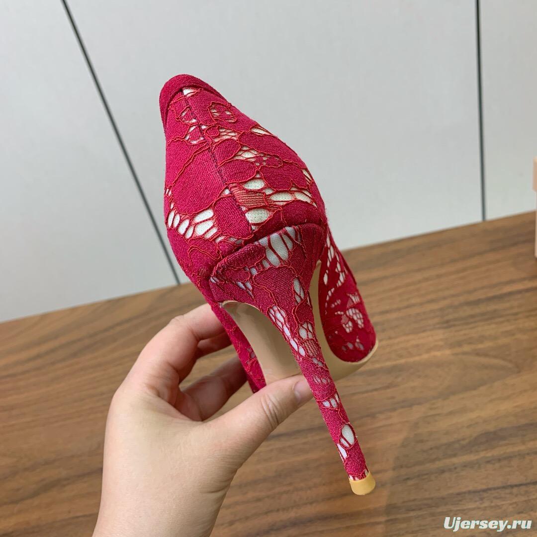 2025 Women Gianvito Rossi Red Lace Leather Pumps KFY00280