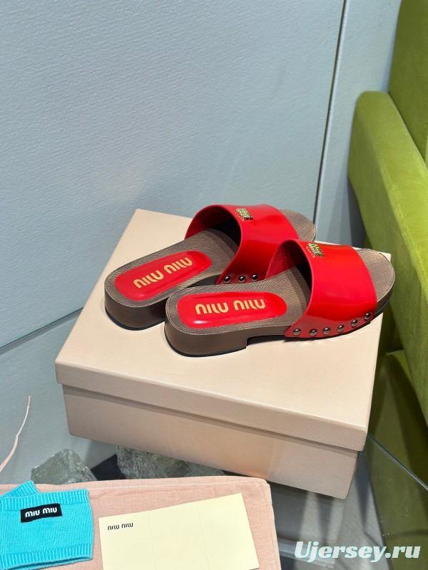 2025 Women Miu Miu Red Leather Slippers