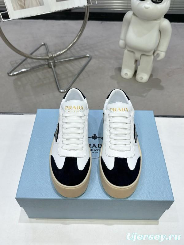 2025 Women Prada White Black Leather Suede Sneakers