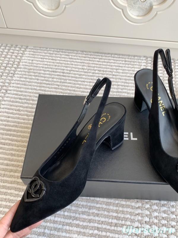2025 Women Chanel Black Suede Slingback Heels CC Logo KFY00300