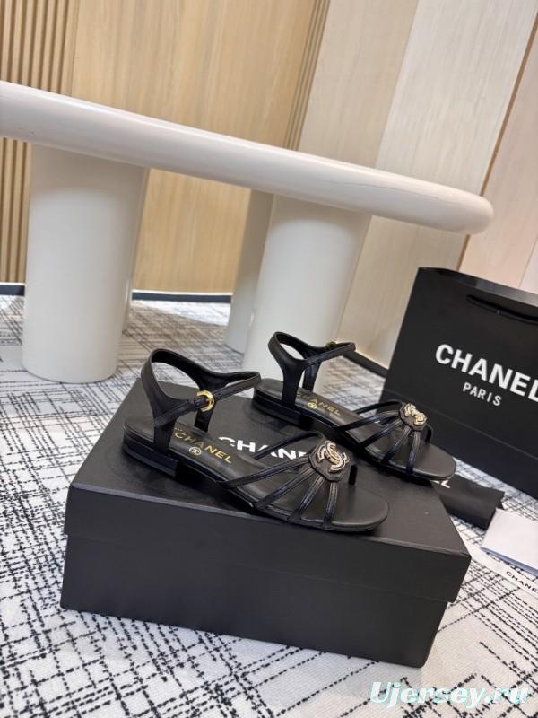 2025 Women Chanel Black Leather Sandals LY00270
