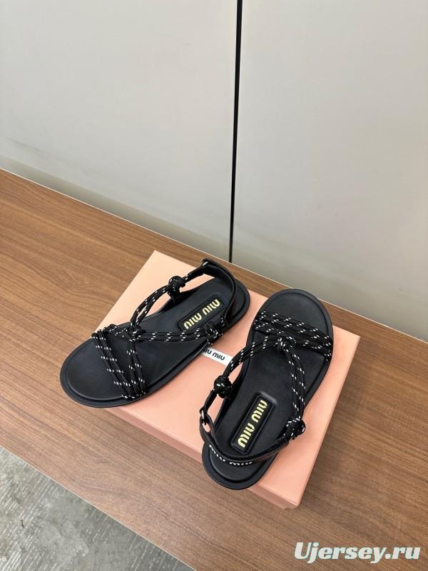 2025 Women Miu Miu Black Leather Rope Sandals