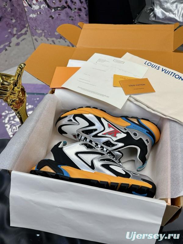 2025 Men Louis Vuitton White Black Blue Leather Mesh Sneakers MJ00420