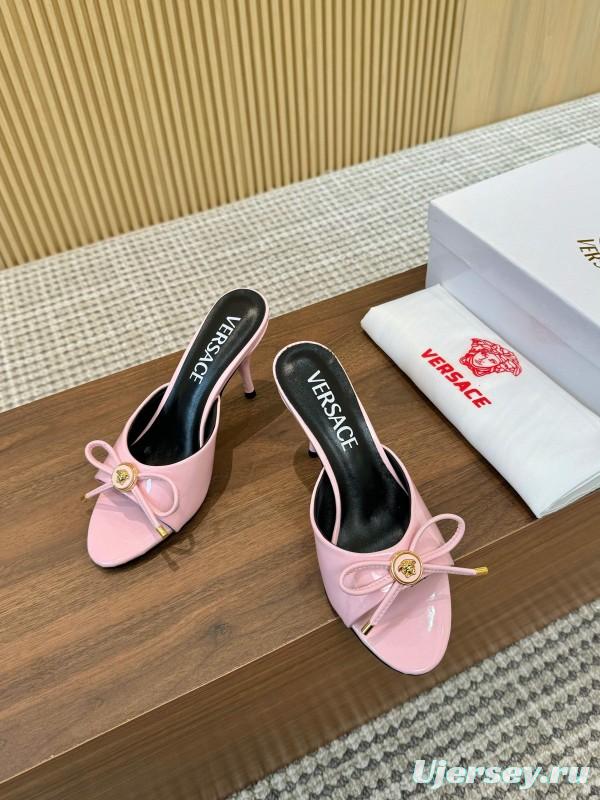 2025 Women VERSACE Pink Leather Heeled Mules LY00210