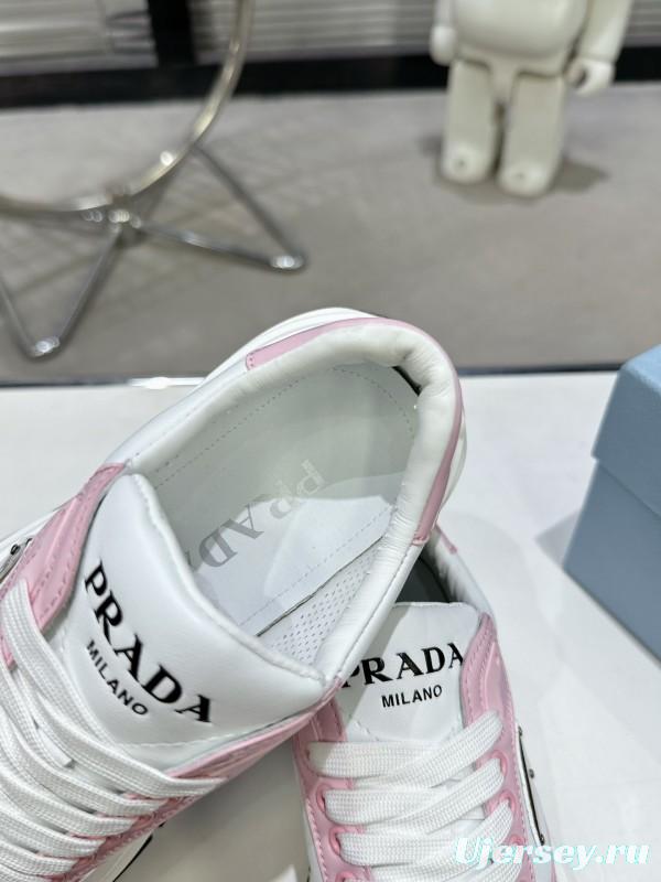 2025 Women Prada White Pink Leather Sneakers