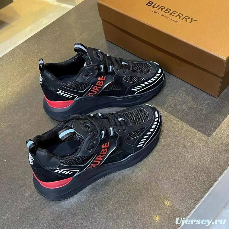 2025 Unisex Burberry Black Red Mesh Suede Leather Sneakers