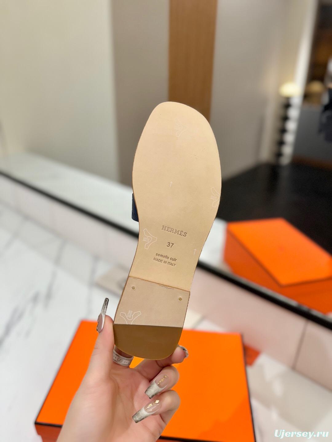 2025 Women Hermès Dark Blue Leather Slippers