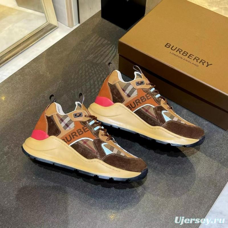 2025 Unisex Burberry Brown Beige Suede Leather Mesh Sneakers Checked Pattern MX00380