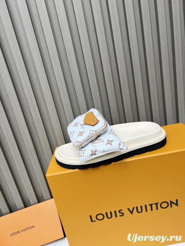 2025 Women Louis Vuitton White Brown Canvas Slippers KFY00230